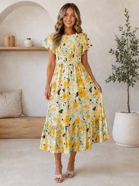 Sweet Salt Floral Smocked Midi Dress XS Yellow Flutter Sleeve Cottagecore Boho